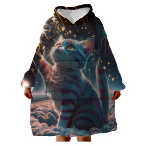 Cosmic Kitty Snugglee Hooded Blanket, featuring a cosmic cat surrounded by stars, with a hood and large front pocket